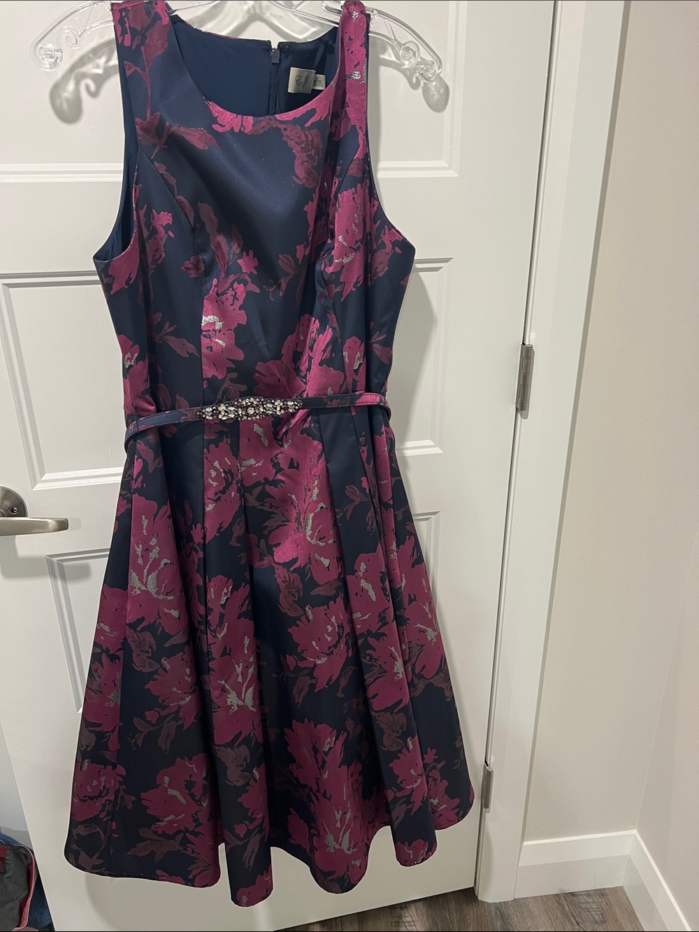 Navy & Magenta Floral Fit-and-Flare Dress with Belt